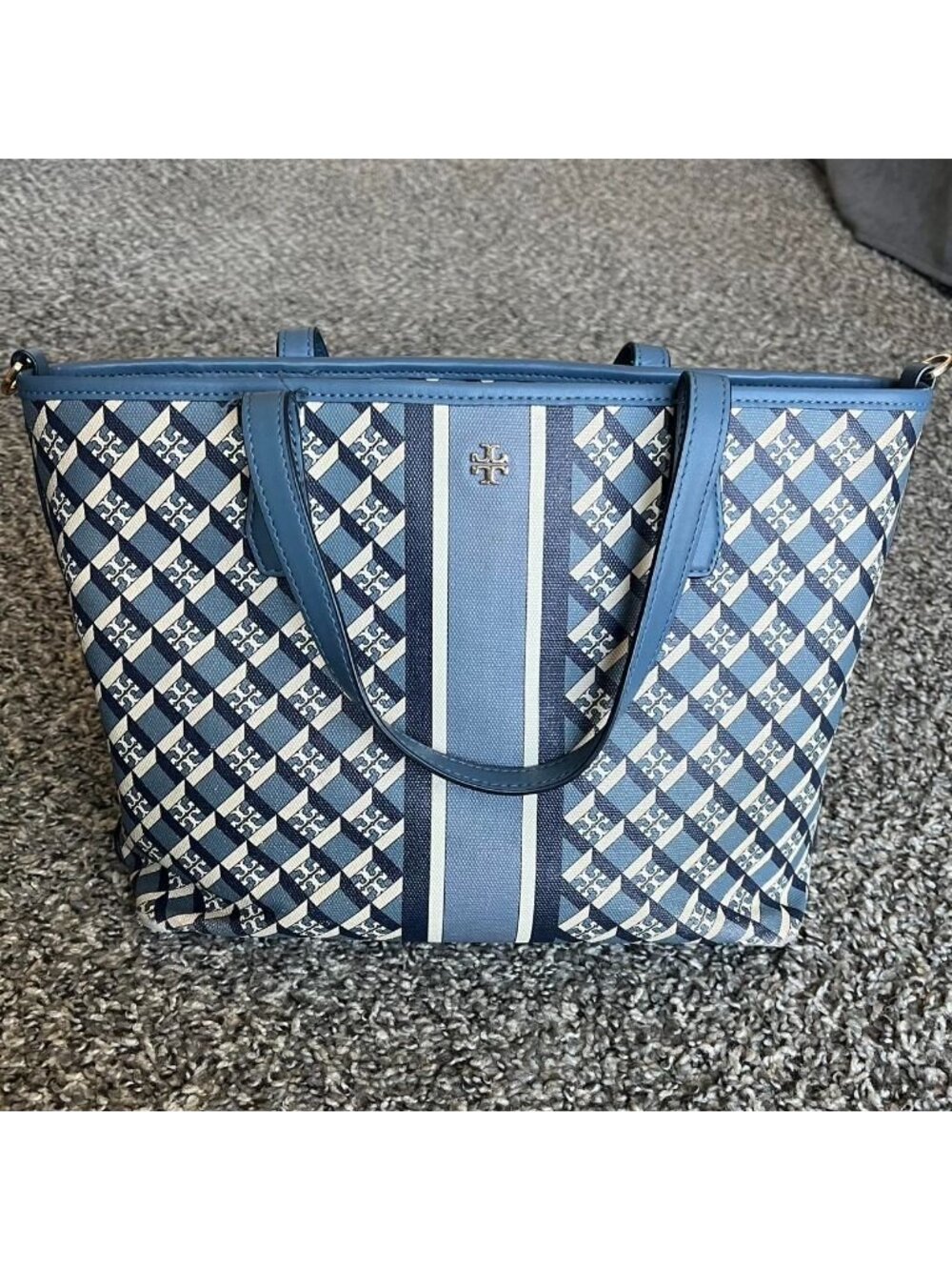 Tory Burch Geo Logo Navy Blue Coated Canvas Top Zip Tote Bag Chic Luxury Office
